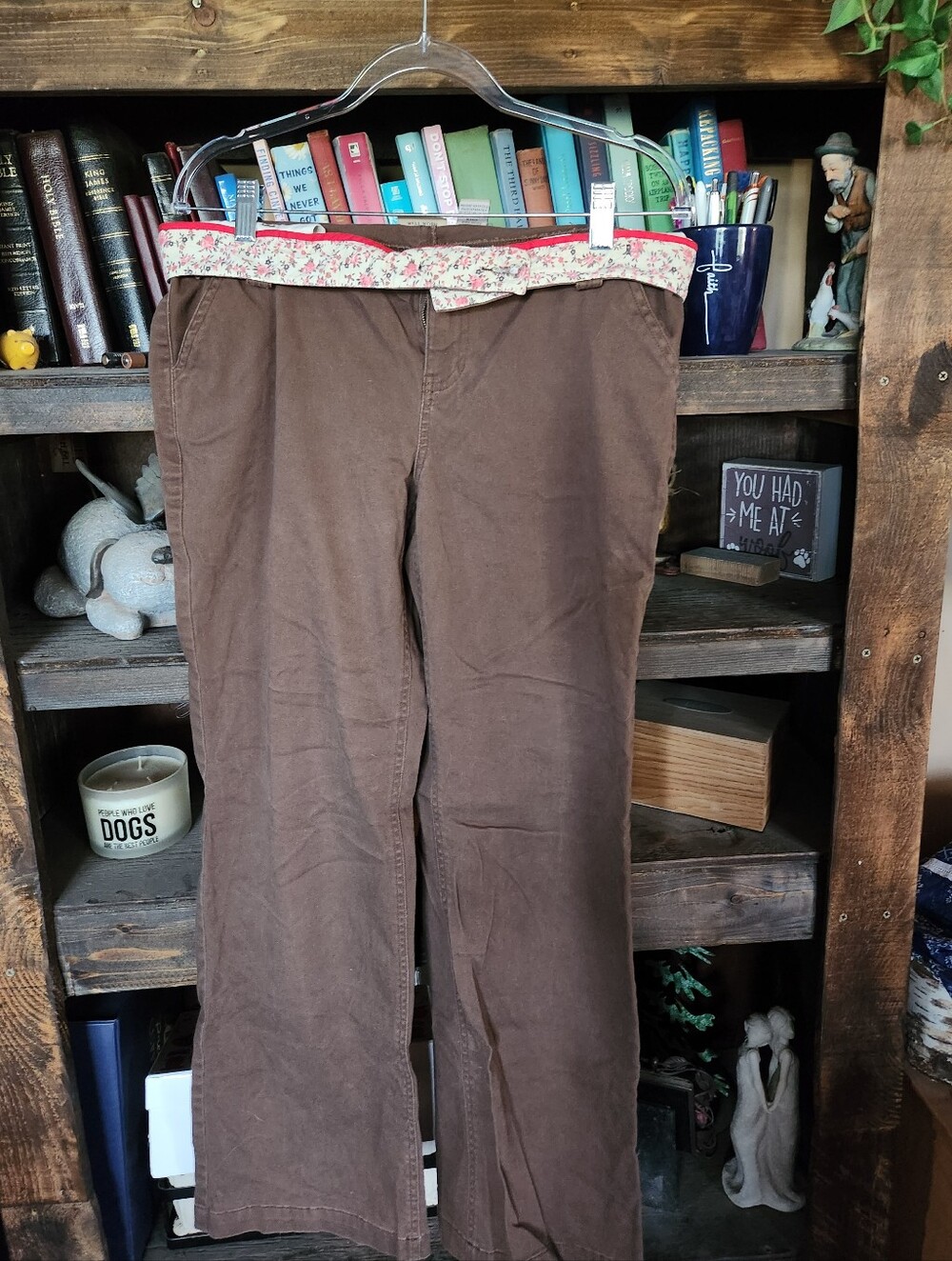 Ruff Hewn Brown Pants with Floral and Red Trim Waistband